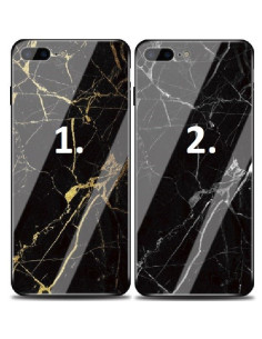 Marmorskal för iPhone 7 med härdat glas, visat från sidan med guld- och svartmarmor 2