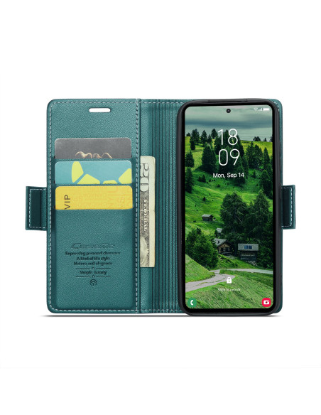 Grönt Skin Pro fodral för Samsung S24 FE, öppet med kortfack och telefonvisning, sett inifrån
