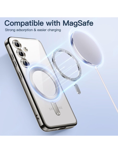Detaljvy av silverfärgat stöttåligt skal för Samsung S24 FE med MagSafe-funktion och laddningsillustration