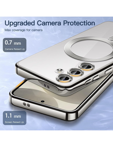 Närbild av silverfärgat stöttåligt skal för Samsung S24 FE med fokus på kameraskydd och MagSafe-ring