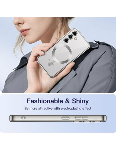 Silverfärgat stöttåligt skal för Samsung S24 FE, hålls i handen med MagSafe-ring synlig och elegant design