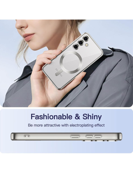Silverfärgat stöttåligt skal för Samsung S24 FE, hålls i handen med MagSafe-ring synlig och elegant design