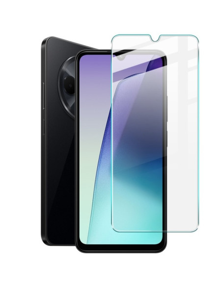 Härdat glas för Redmi 14C i detaljvy, med skärmen synlig bakom skyddet