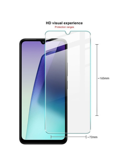 Redmi 14C härdat glas i närbild, med mått och tydlig skärmvy