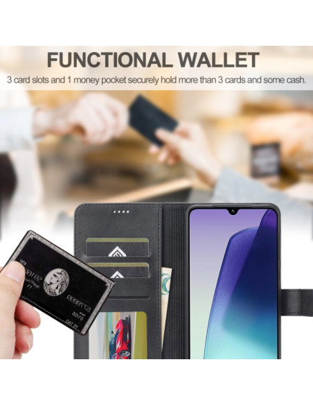 Närbild av plånboksfodral för Redmi 14C med kortfack och sedlar, svart konstläder, öppet lock