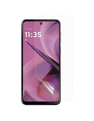 Närbild av transparent skärmskydd för Motorola Moto G35 med skärmen synlig