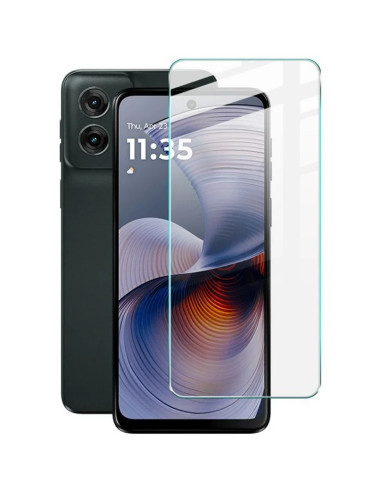 Härdat glas för Motorola Moto G55, visat framifrån med telefonen i bakgrunden