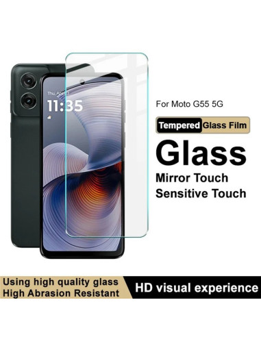 Närbild av härdat glas för Motorola Moto G55, med telefonen bakom och skärmen synlig