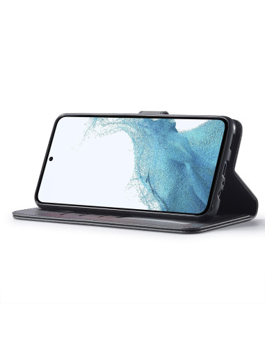 Svart plånboksfodral för Samsung A16 5G, öppet med telefon i stående läge, visar skärmen och kortfack