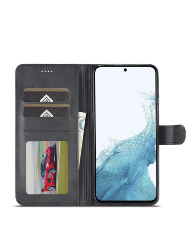 Svart plånboksfodral för Samsung A16 5G, öppet med telefon i stående läge och kortfack synliga