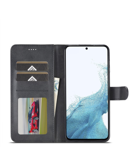 Svart plånboksfodral för Samsung A16 5G, öppet med telefon i stående läge och kortfack synliga