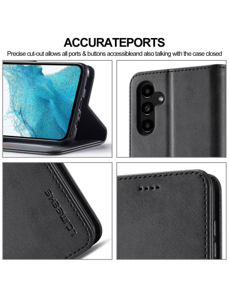Svart plånboksfodral för Samsung A16 5G, öppet med telefon i liggande läge, visar detaljerad skärning för knappar och portar