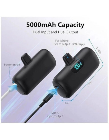 Mini Power Bank 5000mAh med LCD-display som visar batterinivå och anslutningar från ovan