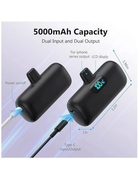 Mini Power Bank 5000mAh med LCD-display som visar batterinivå och anslutningar från ovan