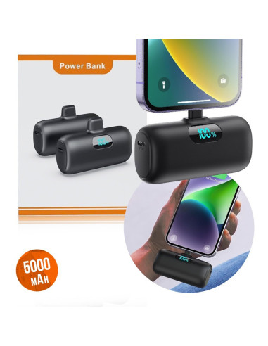 Mini Power Bank 5000mAh med LCD-display, närbild av anslutning till telefon som visar 100% laddning