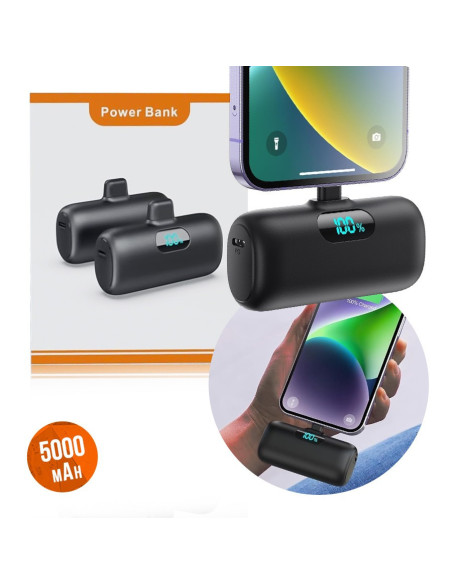 Mini Power Bank 5000mAh med LCD-display, närbild av anslutning till telefon som visar 100% laddning