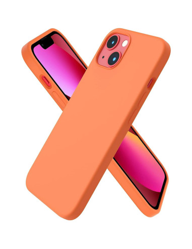 Orange gummiskal för iPhone 13 med kameraskydd, sett framifrån och bakifrån