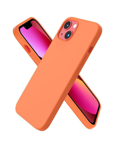 Orange gummiskal för iPhone 13 med kameraskydd, sett framifrån och bakifrån