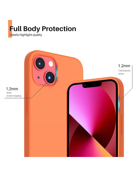 Närbild av orange gummiskal för iPhone 13 som visar kameraskydd och skärmskydd