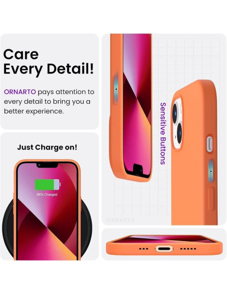 Orange gummiskal för iPhone 13 med synliga knappar och laddningsport, sett från sidan