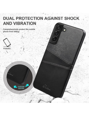 Svart stötdämpande mobilskal för Samsung S25, sett från sidan med fokus på texturen och kortfacket
