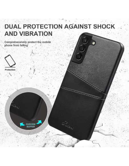 Svart stötdämpande mobilskal för Samsung S25, sett från sidan med fokus på texturen och kortfacket