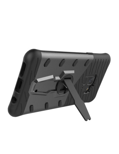 Svart stöttåligt skal för Samsung S9 Plus med kickstand, sett bakifrån med stöd utfällt