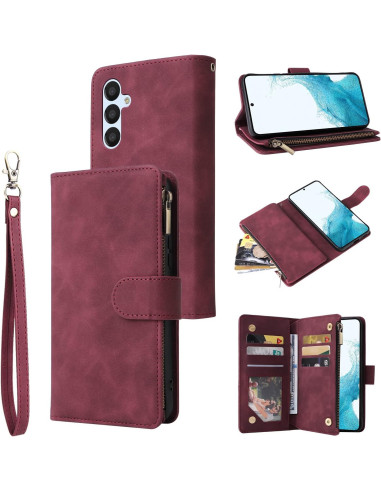 Samsung S25 Multifunktionellt Plånboksfodral Zipper 8-Fack Vinröd