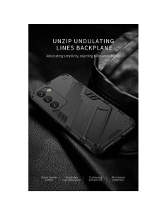 Svart stöttåligt skal med kickstand för Samsung S25 Plus, sett framifrån med telefonen i skalet 2