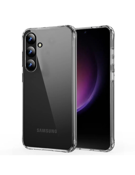 Genomskinligt skal för Samsung S25 Plus, sett framifrån med tydlig kameraöppning