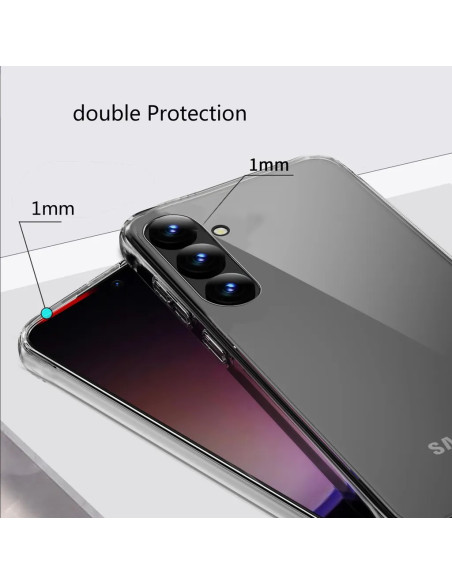 Detaljvy av genomskinligt TPU-skal för Samsung S25 Plus med fokus på skyddande kanter och kamerautskärning