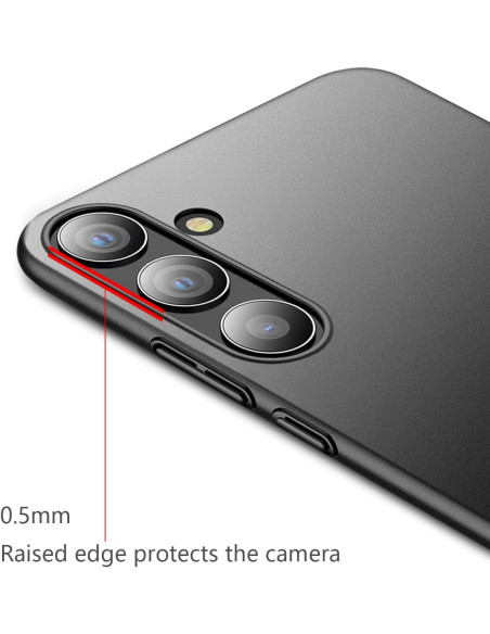 Detaljvy av mattsvart skal Basic V2 för Samsung S25 Plus, med fokus på upphöjd kant som skyddar kameran