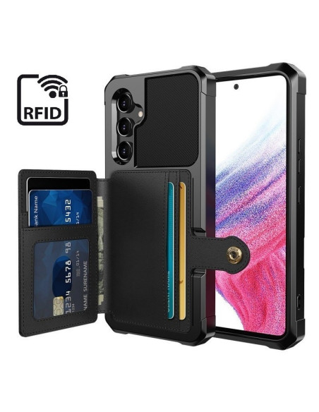 Svart skal för Samsung S25 Plus med öppet kortfack och RFID-skydd, visat framifrån med kort synliga
