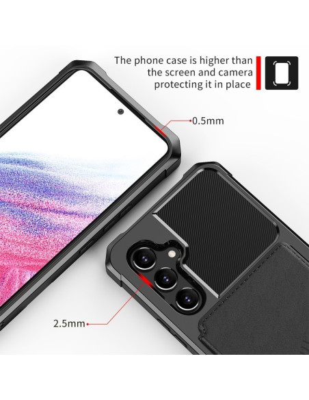 Närbild av svart stöttåligt skal för Samsung S25 Plus som visar skyddande kanter och kortfack