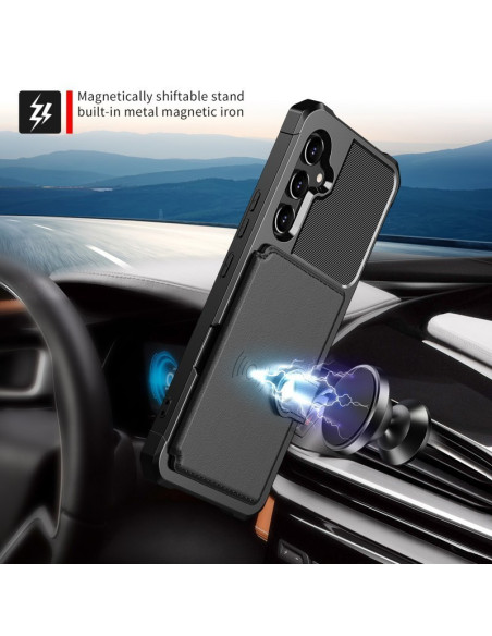Svart stöttåligt skal för Samsung S25 Plus med magnetisk ställning, visat i bilmiljö