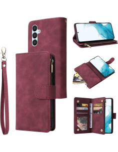 Samsung S25 Plus Multifunktionellt Plånboksfodral Zipper 8-Fack Vinröd