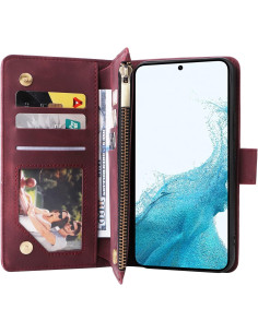 Samsung S25 Plus Multifunktionellt Plånboksfodral Zipper 8-Fack Vinröd