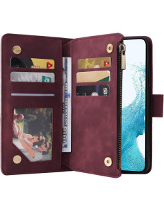 Samsung S25 Plus Multifunktionellt Plånboksfodral Zipper 8-Fack Vinröd