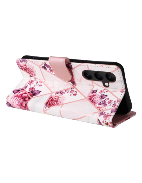 Rosa plånboksfodral med blommönster för Samsung S25 Plus, sett bakifrån med ställfunktion