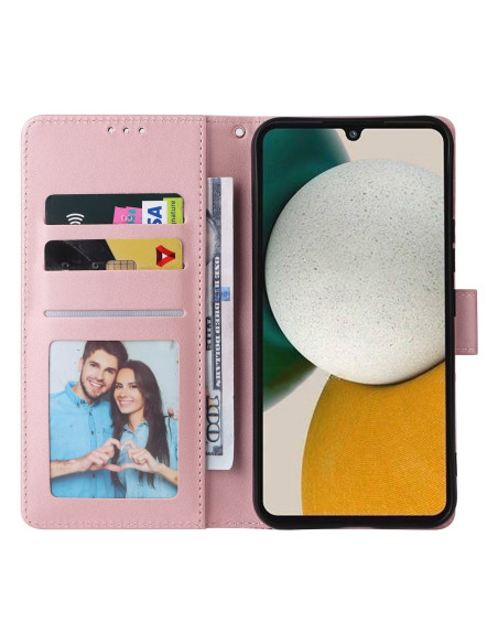 Rosa plånboksfodral för Samsung S25 Plus, öppet med kortfack och fotoinsats, sett inifrån