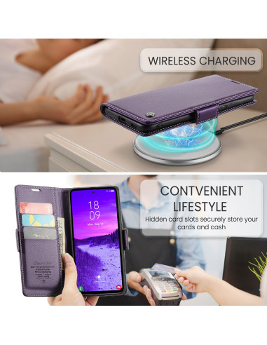 Lila Skin Pro fodral för Samsung S25 Plus med kortfack, visat i användning med trådlös laddning