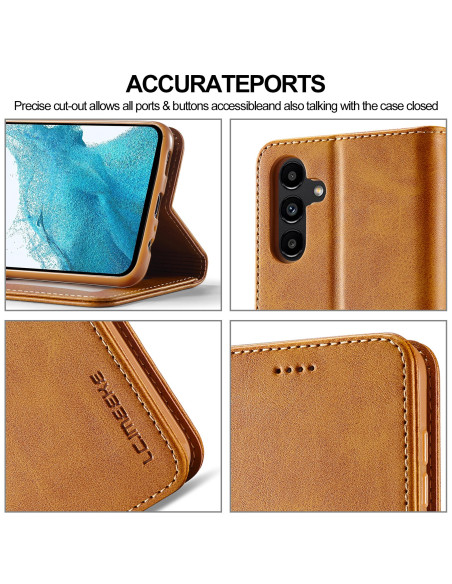 Ljusbrunt plånboksfodral för Samsung S25 Plus med fokus på detaljer och knappar i stängt läge