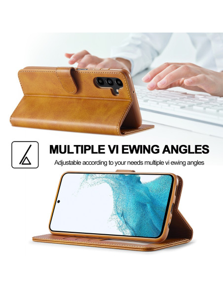 Ljusbrunt plånboksfodral för Samsung S25 Plus med justerbart stativläge och telefon i olika vinklar