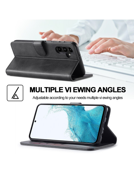 Svart plånboksfodral för Samsung S25 Plus, i stativläge med justerbara vyer och telefon i fokus