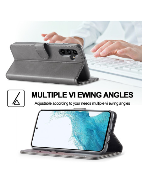 Grått plånboksfodral för Samsung S25 Plus med justerbar stativfunktion, visat bakifrån med kortfack