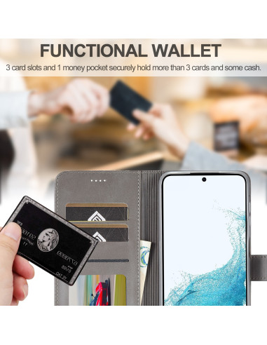Grått plånboksfodral för Samsung S25 Plus med kortfack, visat inifrån med kort och telefon i fokus