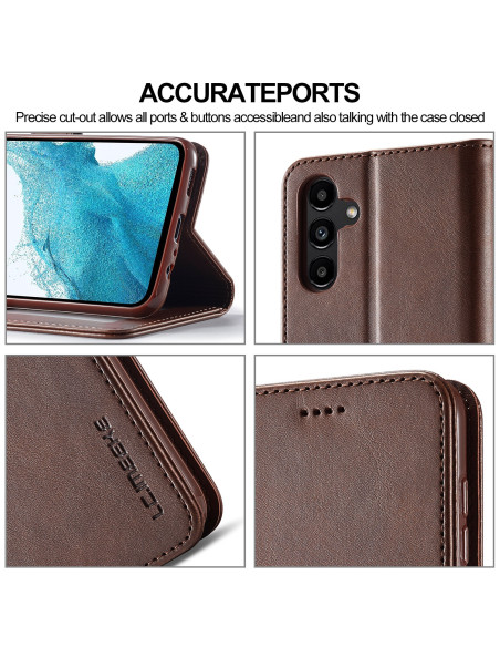 Mörkbrunt plånboksfodral för Samsung S25 Plus, närbild av öppet fodral med kortfack och kamerautskärning