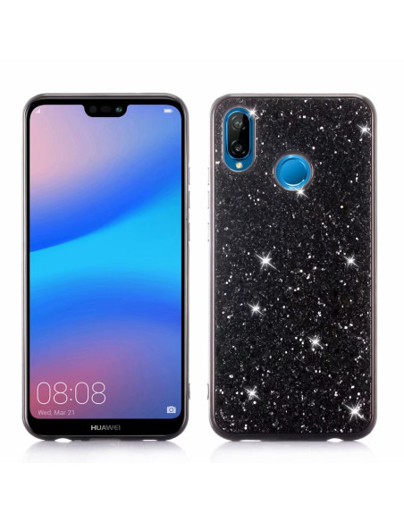 Rosenguldt glittrigt skal för Huawei P20 Lite, sett från sidan med telefon monterad