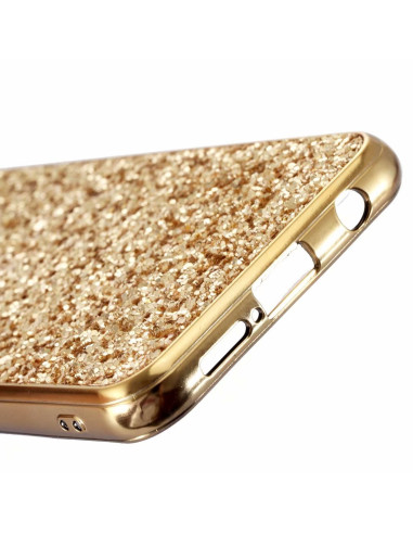 Detaljvy av rosengulds glittrigt skal för Huawei P20 Lite, med fokus på kanten och materialet
