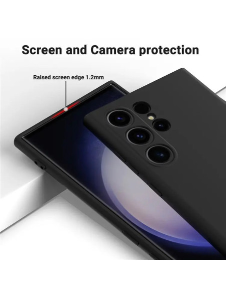 Mattsvart skal för Samsung S25 Ultra med upphöjd skärmkant och kameraskydd, sett bakifrån